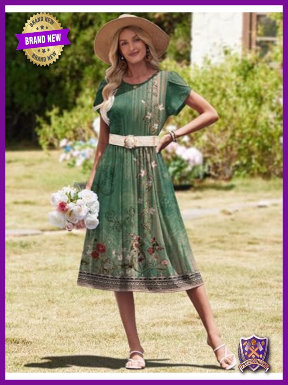 A-Line Midi Dress with Pockets Flowy Short Sleeve T-Shirt Dress - Picture 5 of 6